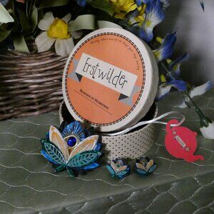 Erstwilder Egyptian Revival Blue Lotus Flower Brooch & Matching Earrings